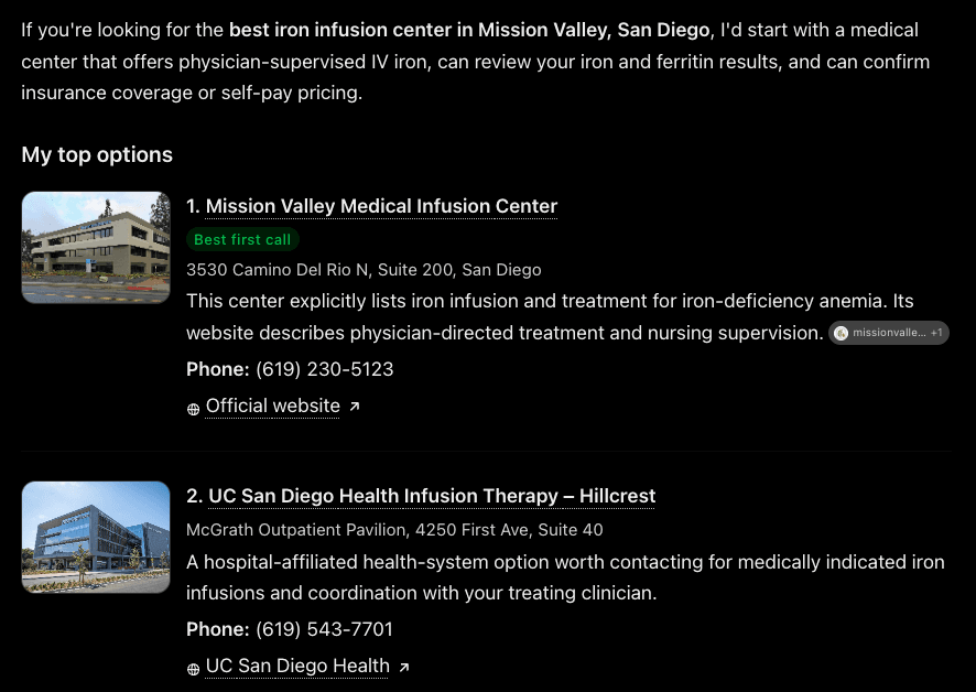 ChatGPT answer listing Mission Valley Medical Infusion Center as the number one option